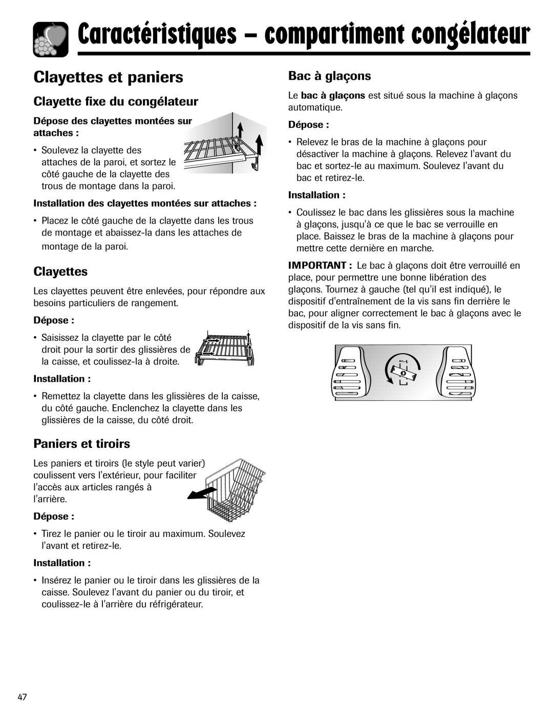 Amana ASD2624HEQ Clayettes et paniers, Clayette fixe du congélateur, Paniers et tiroirs, Bac à glaçons 