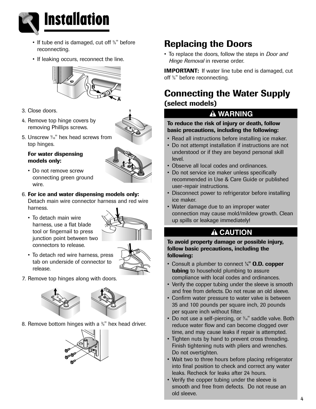 Amana ASD2624HEQ Replacing the Doors, Connecting the Water Supply, Select models, For water dispensing models only 