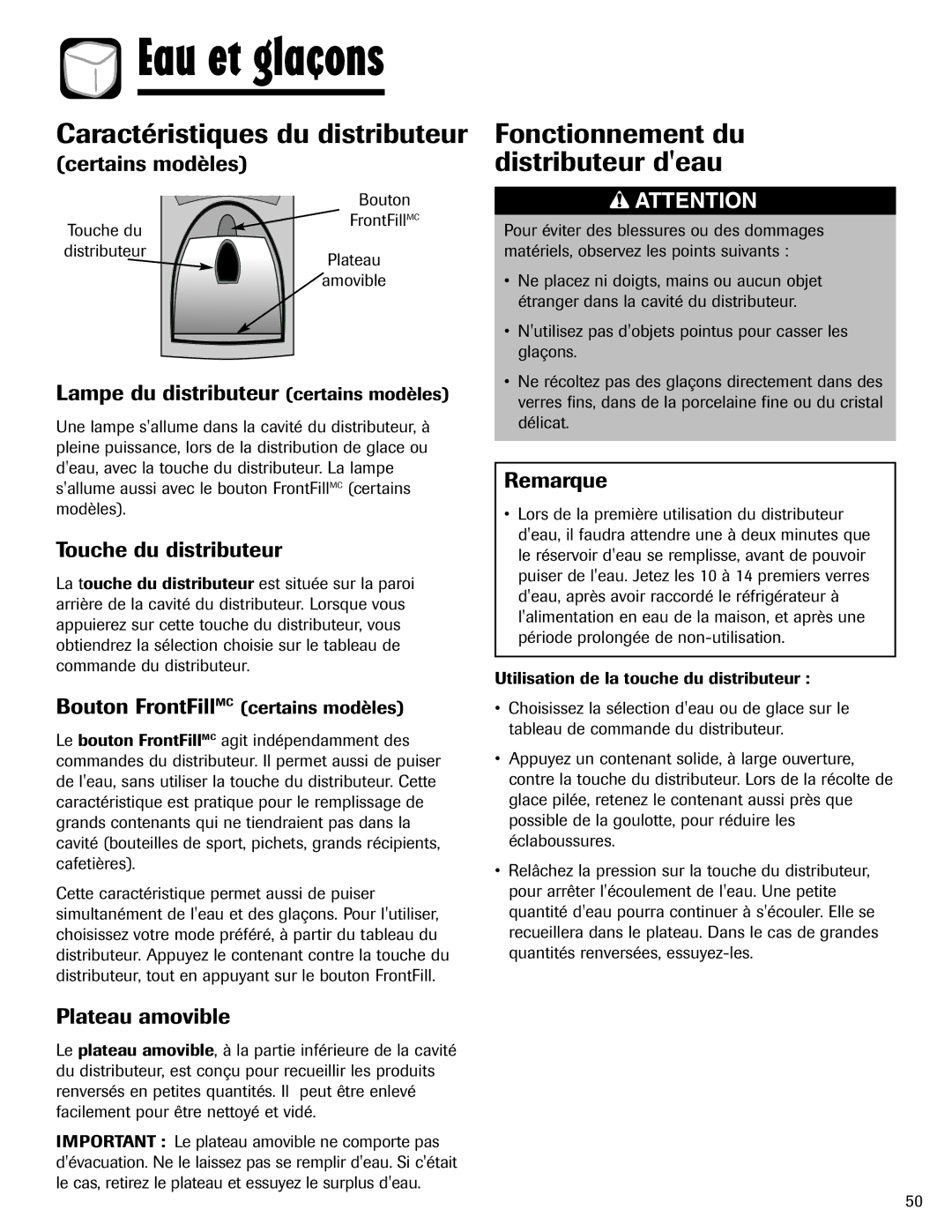 Amana ASD2624HEQ Caractéristiques du distributeur, Fonctionnement du distributeur deau, Touche du distributeur 