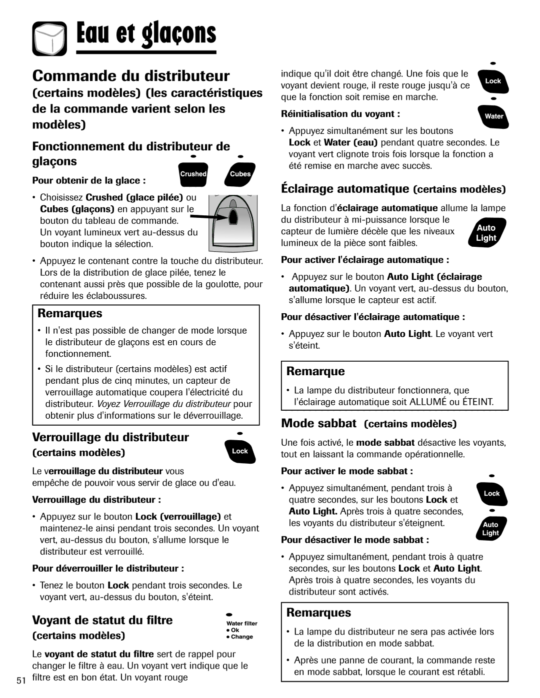 Amana ASD2624HEQ Commande du distributeur, Remarques, Verrouillage du distributeur, Voyant de statut du filtre 