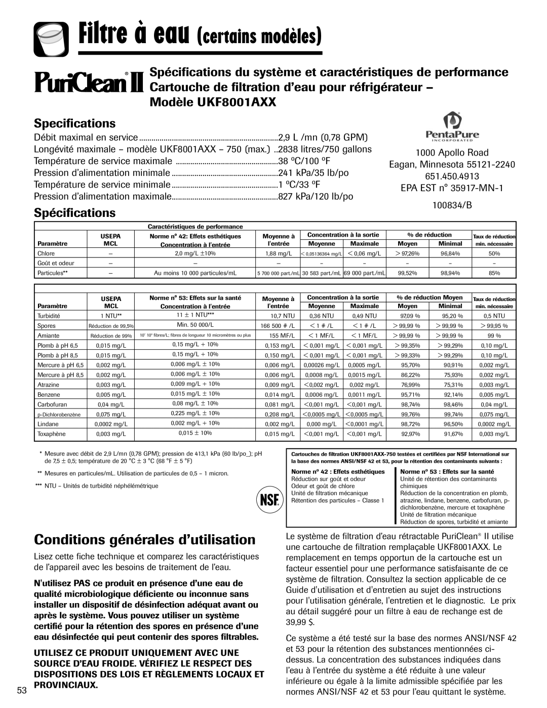 Amana ASD2624HEQ important safety instructions Filtre à eau certains modèles, Spécifications 