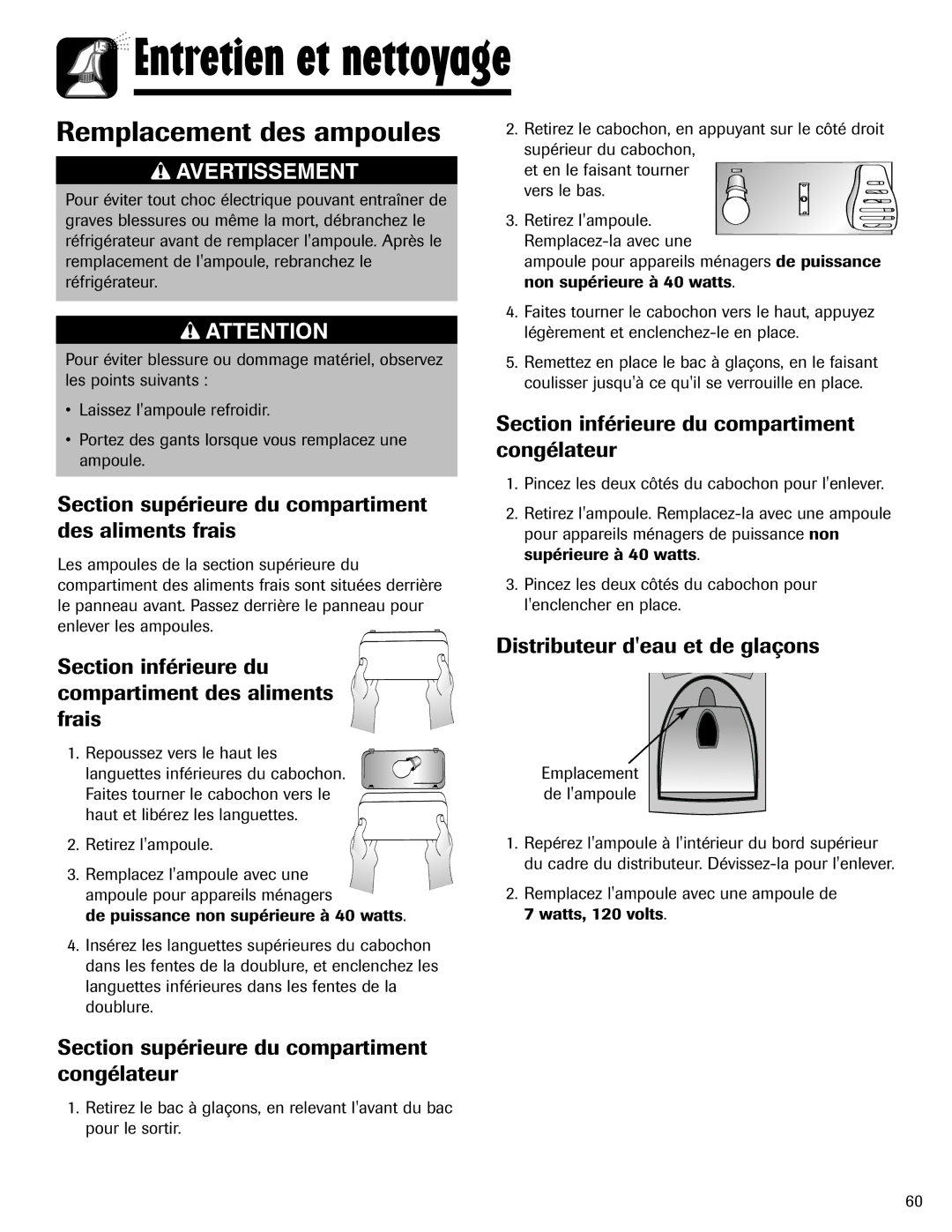 Amana ASD2624HEQ important safety instructions Remplacement des ampoules 