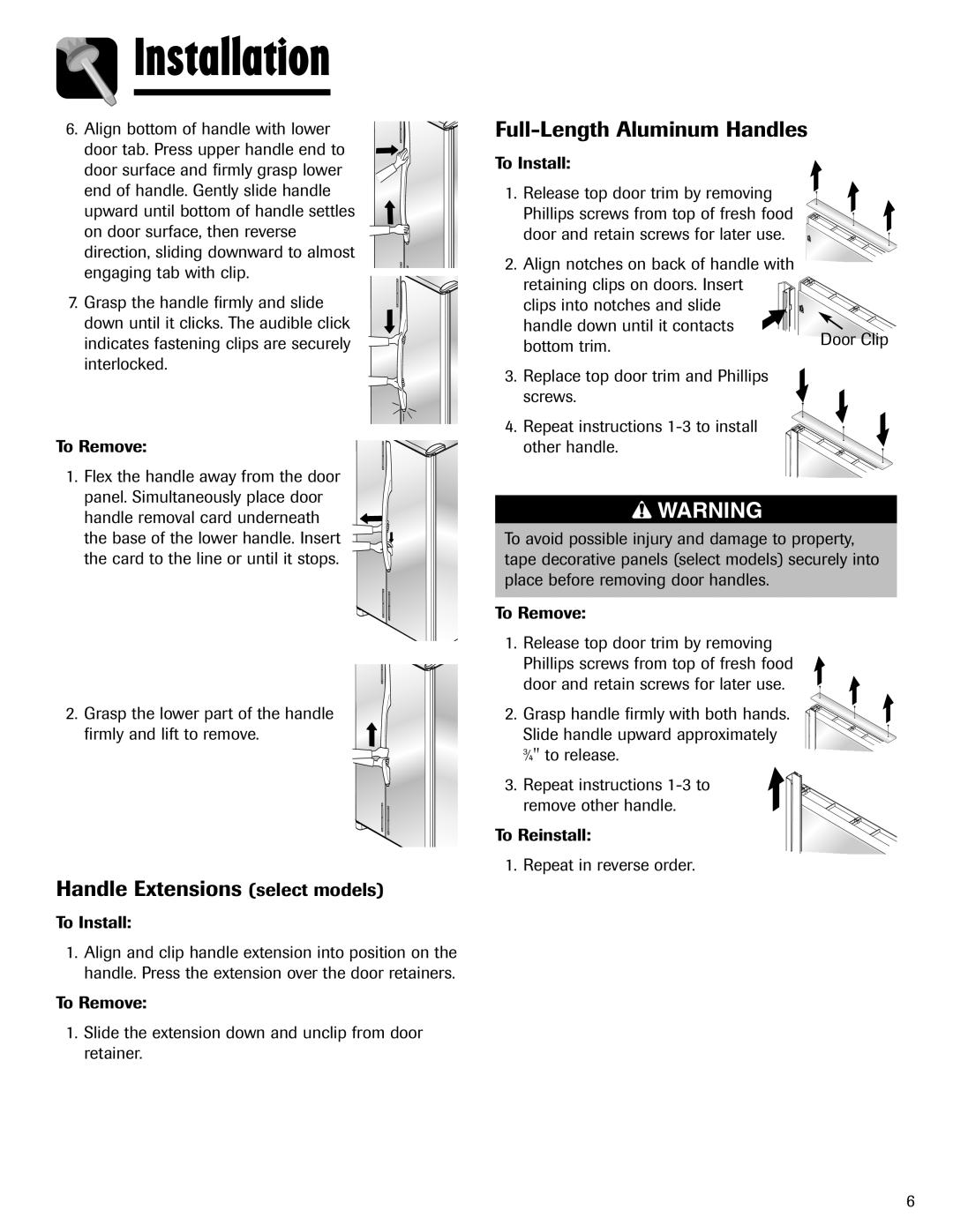 Amana ASD2624HEQ Handle Extensions select models, Full-Length Aluminum Handles, To Remove, To Reinstall 