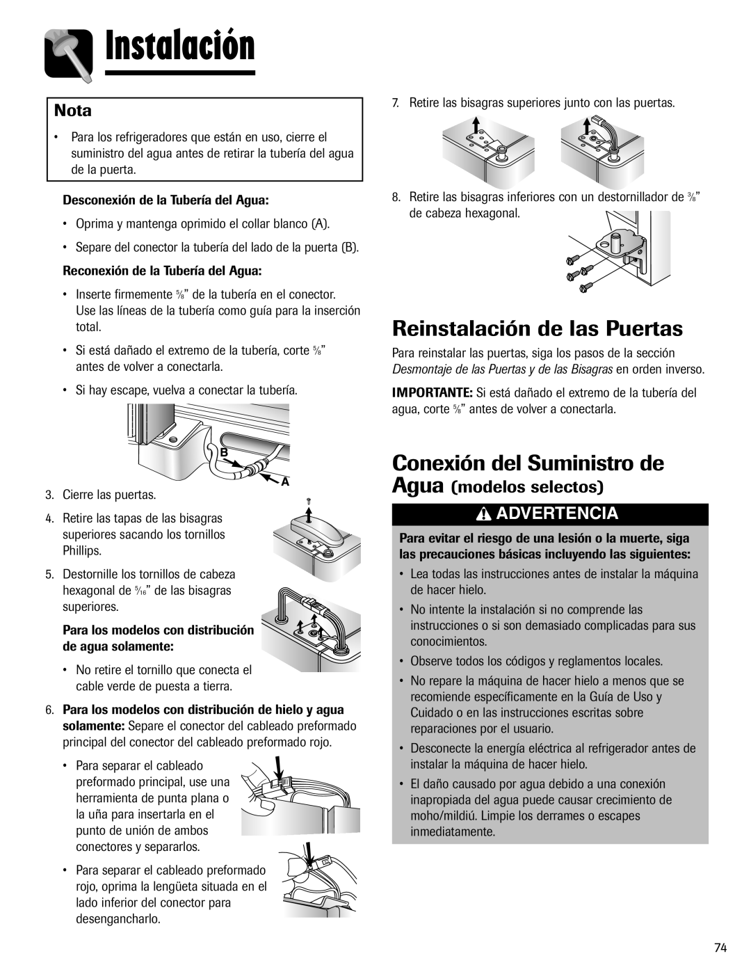 Amana ASD2624HEQ Reinstalación de las Puertas, Conexión del Suministro de, Nota, Agua modelos selectos 