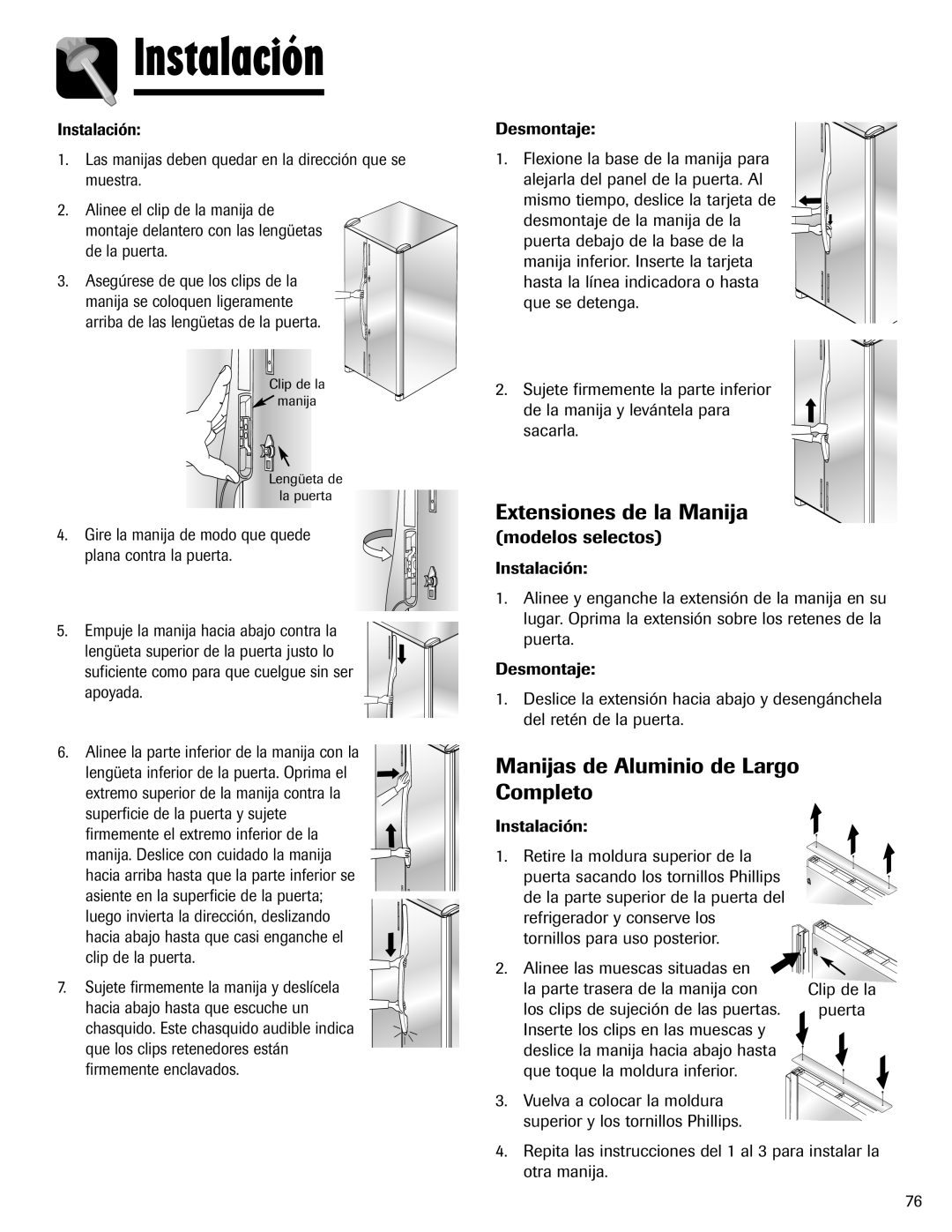 Amana ASD2624HEQ Extensiones de la Manija, Manijas de Aluminio de Largo Completo, Modelos selectos, Instalación 