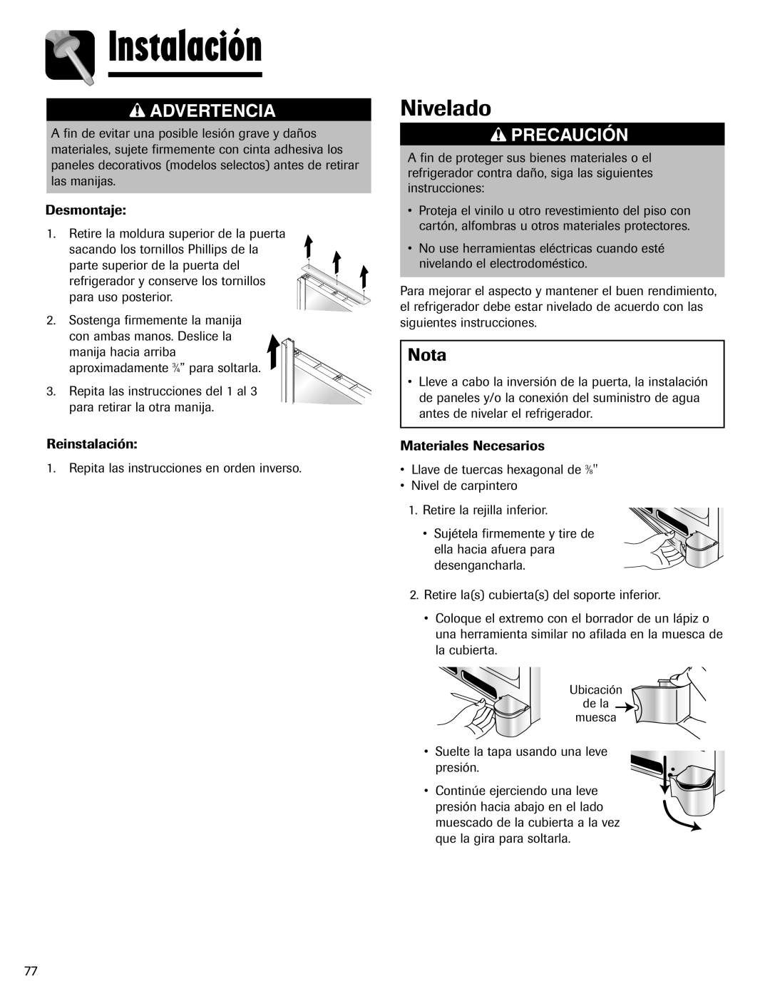 Amana ASD2624HEQ important safety instructions Nivelado, Reinstalación 