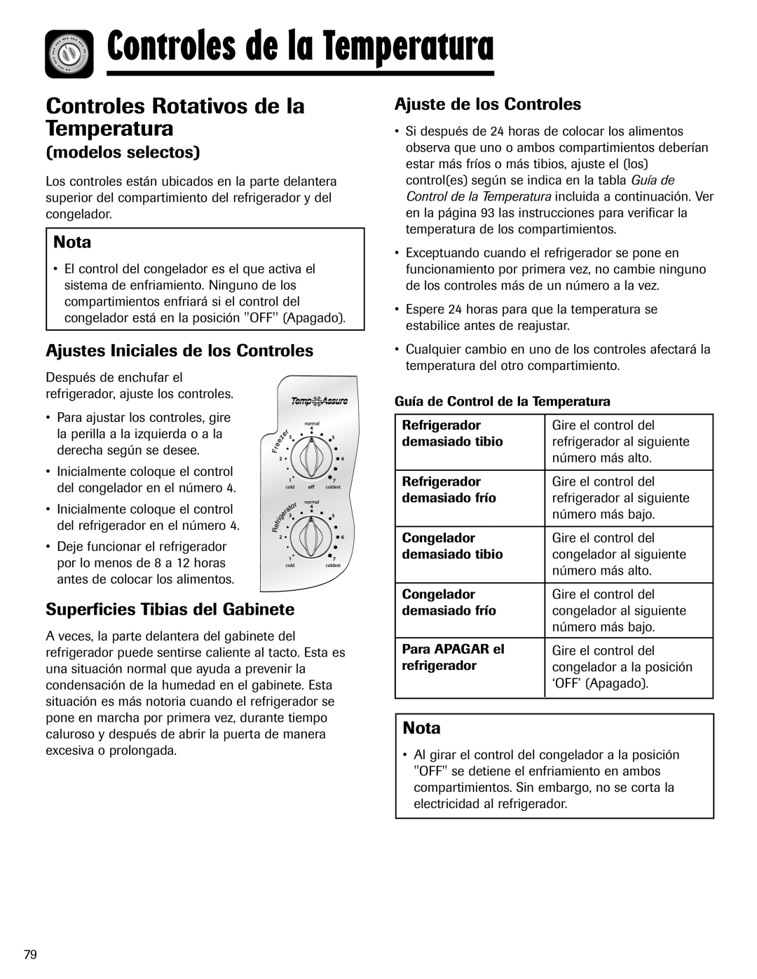 Amana ASD2624HEQ important safety instructions Controles de la Temperatura, Controles Rotativos de la Temperatura 