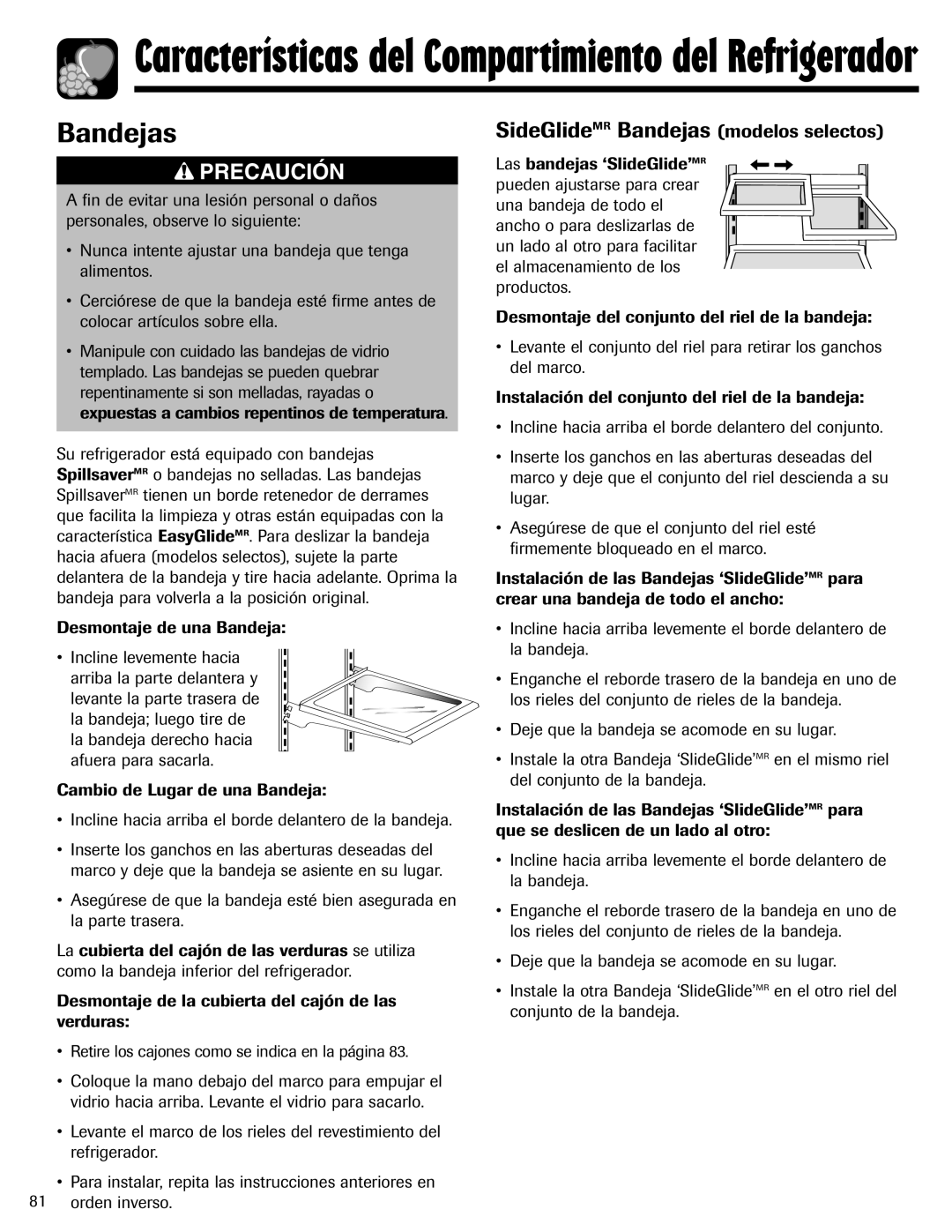 Amana ASD2624HEQ SideGlideMR Bandejas modelos selectos, Desmontaje de una Bandeja, Cambio de Lugar de una Bandeja 