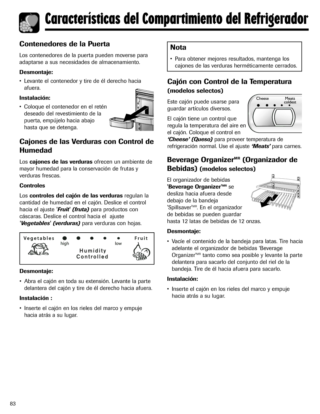 Amana ASD2624HEQ important safety instructions Contenedores de la Puerta, Cajones de las Verduras con Control de Humedad 