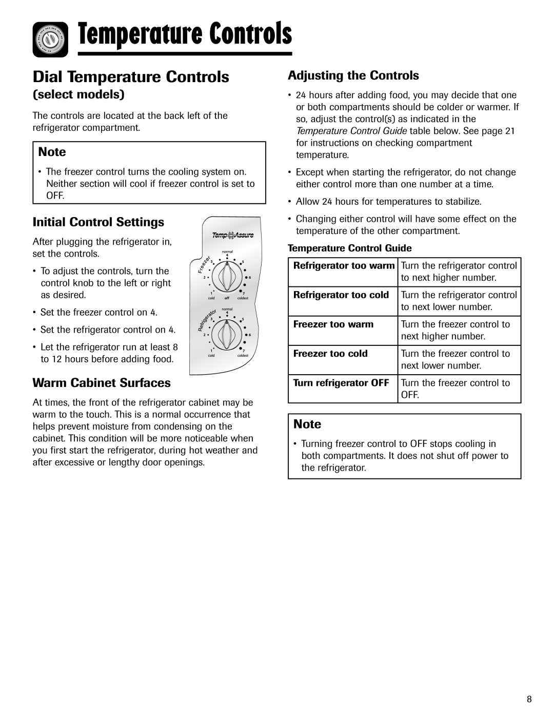 Amana ASD2624HEQ Dial Temperature Controls, Initial Control Settings, Warm Cabinet Surfaces, Adjusting the Controls 