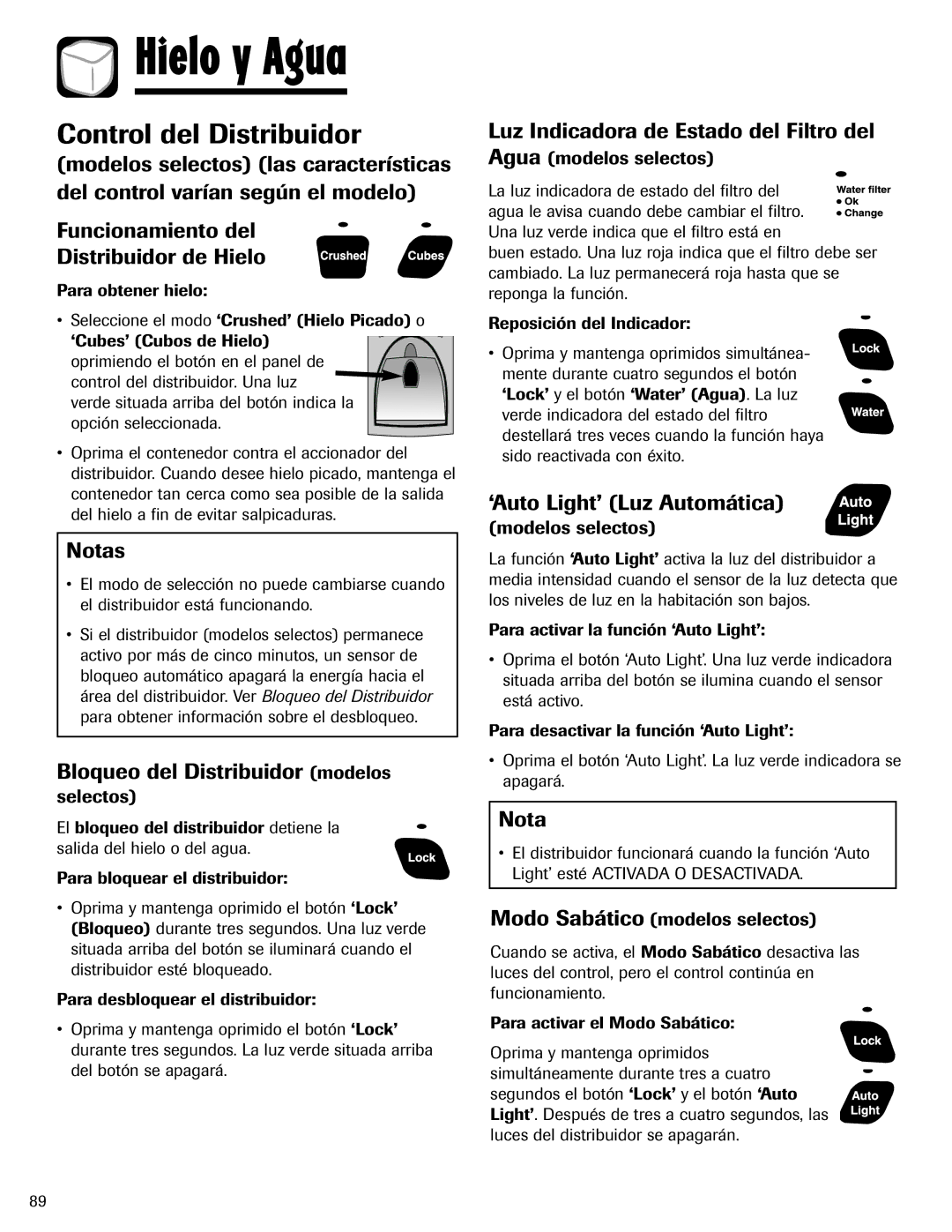 Amana ASD2624HEQ Control del Distribuidor, Notas, Bloqueo del Distribuidor modelos, ‘Auto Light’ Luz Automática 