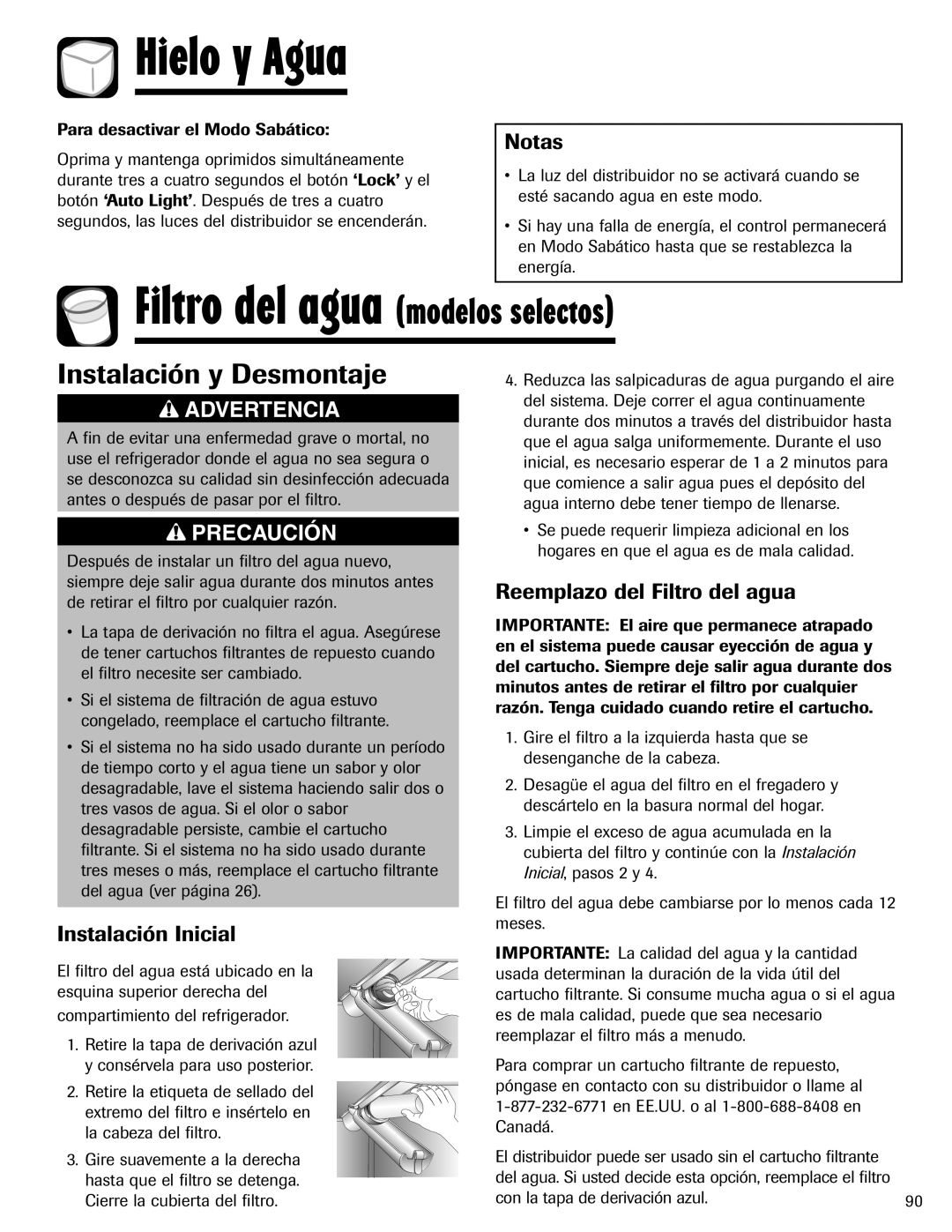 Amana ASD2624HEQ important safety instructions Instalación y Desmontaje, Instalación Inicial, Reemplazo del Filtro del agua 