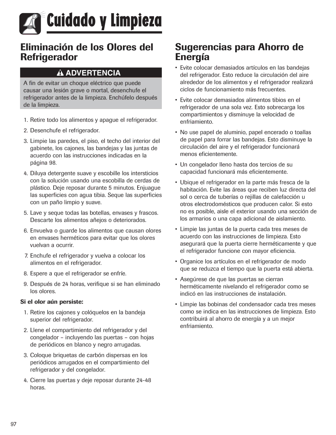 Amana ASD2624HEQ Eliminación de los Olores del Refrigerador, Sugerencias para Ahorro de Energía, Si el olor aún persiste 