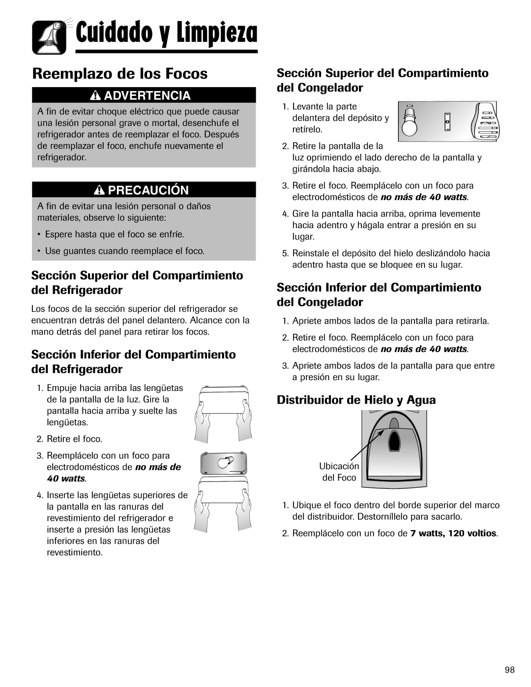 Amana ASD2624HEQ important safety instructions Reemplazo de los Focos 