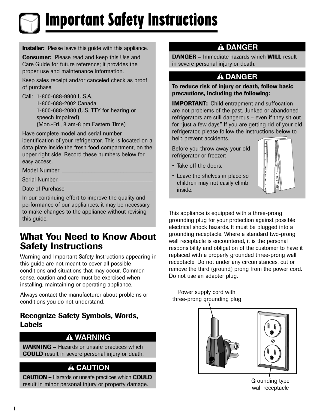 Amana ASD2624HEQ Important Safety Instructions, What You Need to Know About Safety Instructions, Danger 