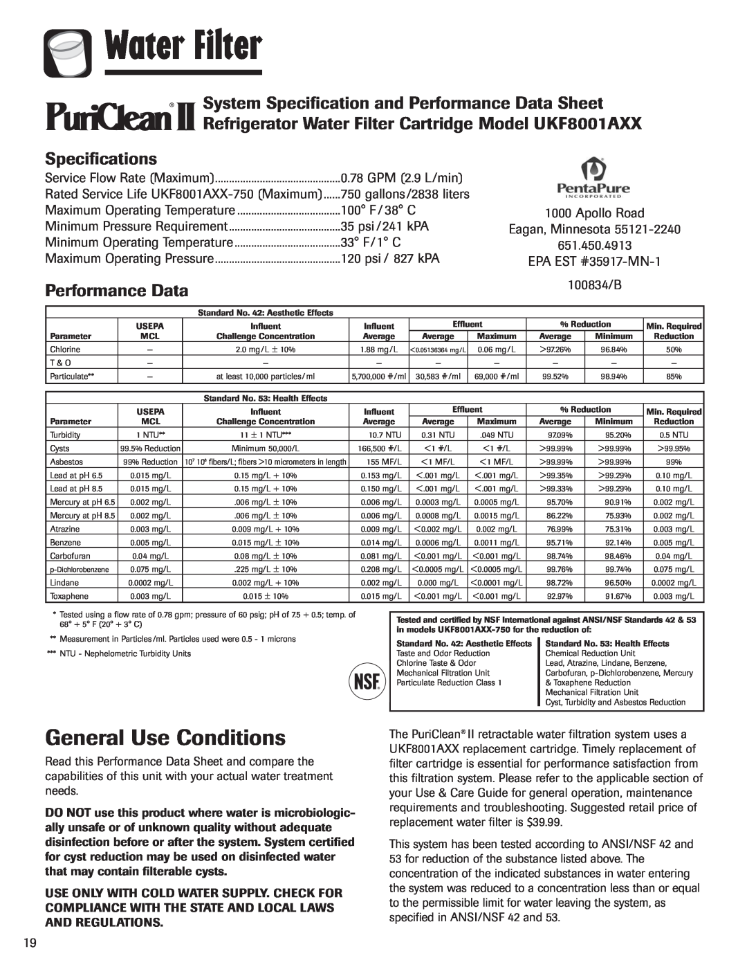 Amana ASD2624HEQ General Use Conditions, System Specification and Performance Data Sheet, Specifications, Water Filter 