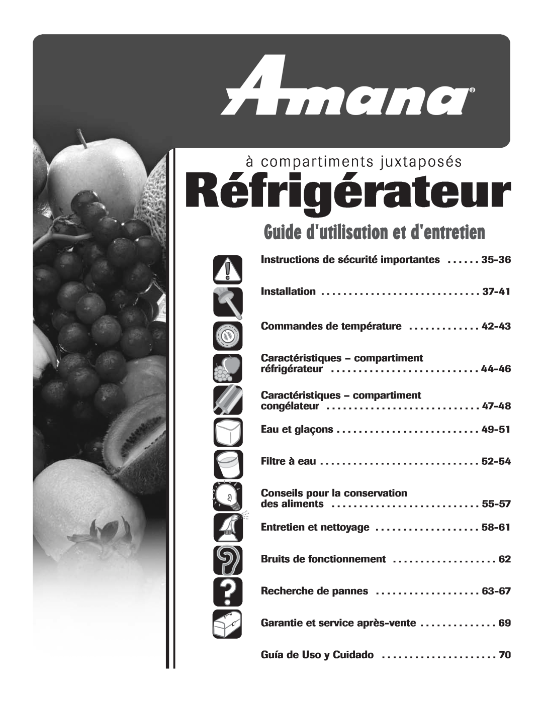 Amana ASD2624HEQ important safety instructions à compartiments juxtaposés, Réfrigérateur, Guide dutilisation et dentretien 