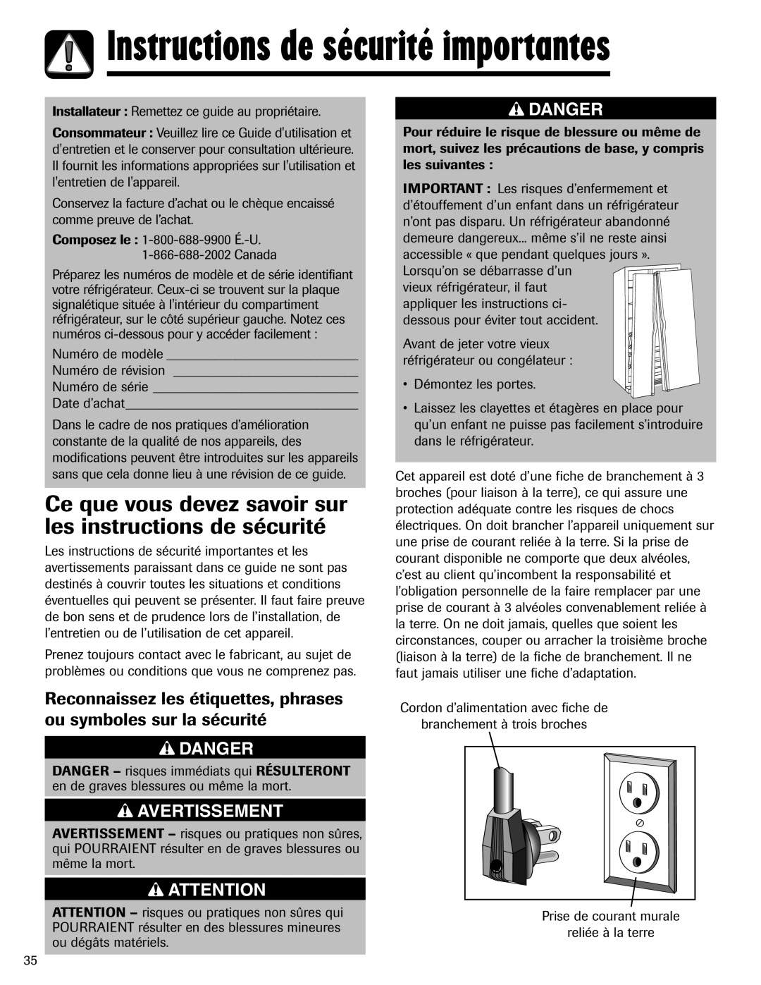Amana ASD2624HEQ important safety instructions Instructions de sécurité importantes, Avertissement, Danger 