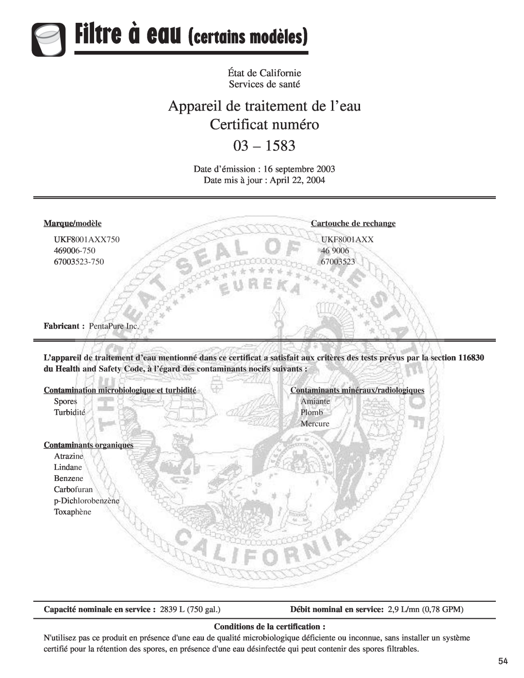 Amana ASD2624HEQ Appareil de traitement de l’eau Certificat numéro, 03, État de Californie Services de santé 