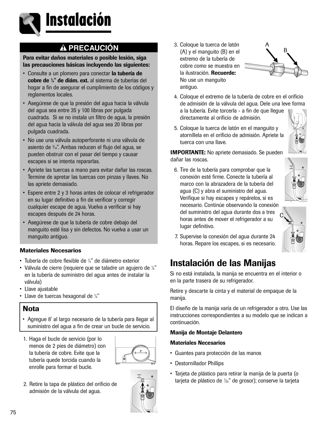 Amana ASD2624HEQ important safety instructions Instalación de las Manijas, Precaución, Nota 