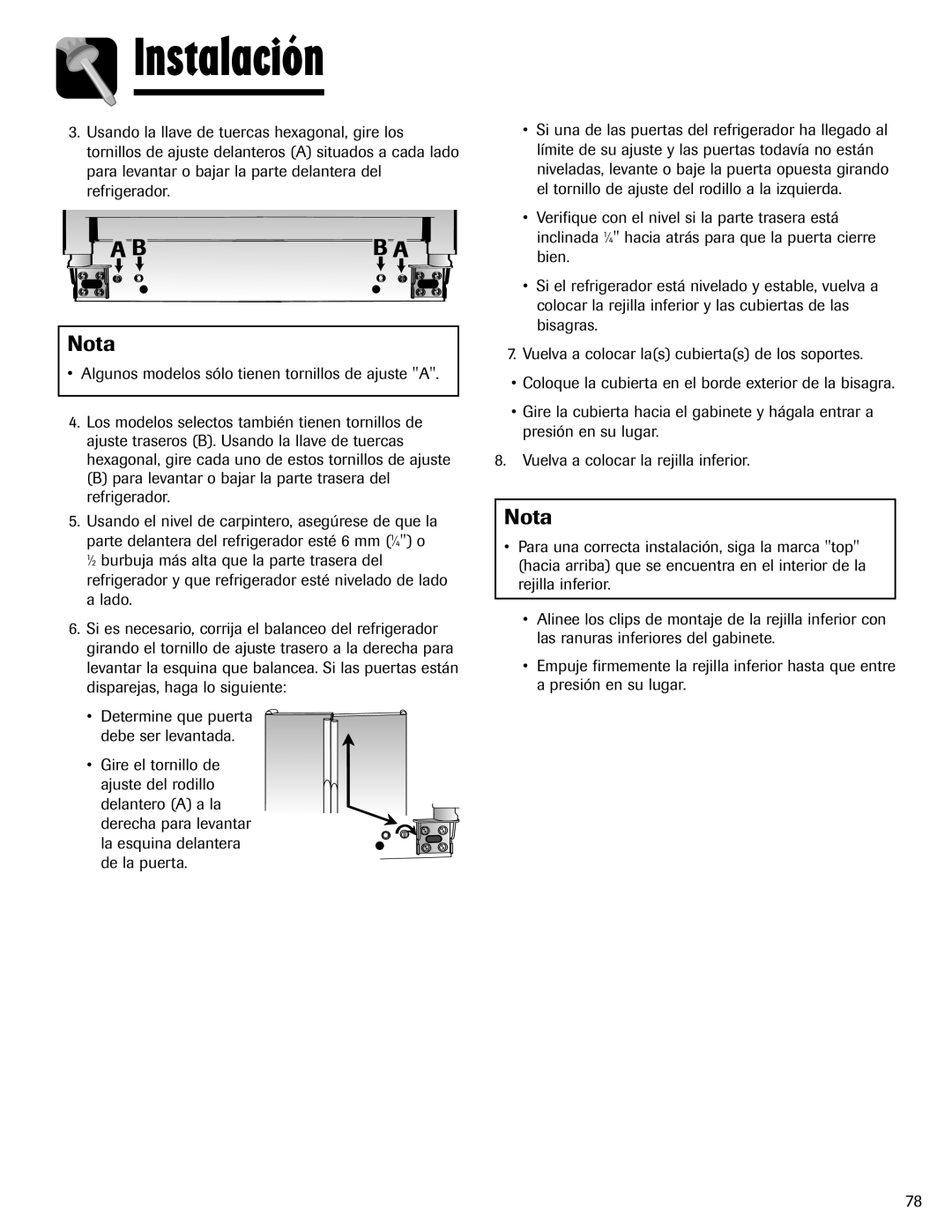 Amana ASD2624HEQ important safety instructions Instalación, Nota, •Algunos modelos sólo tienen tornillos de ajuste A 