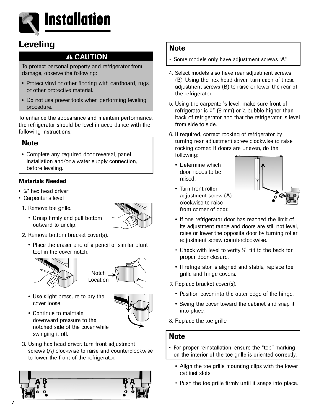 Amana ASD2624HEQ important safety instructions Leveling, Installation 