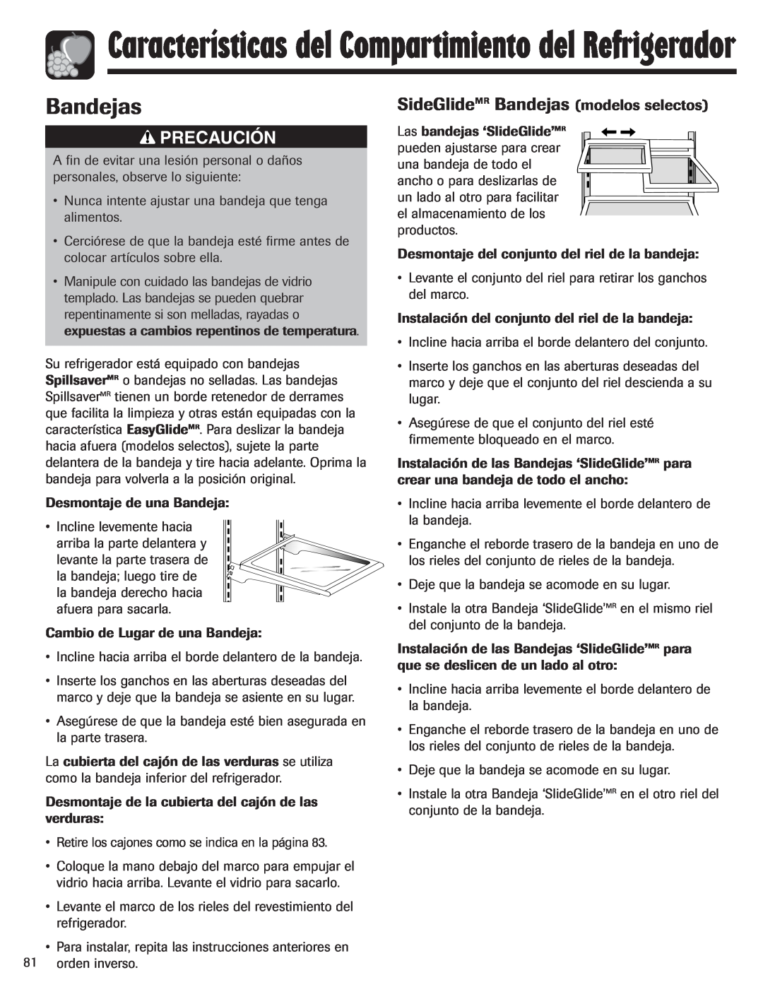 Amana ASD2624HEQ important safety instructions SideGlideMR Bandejas modelos selectos, Precaución 