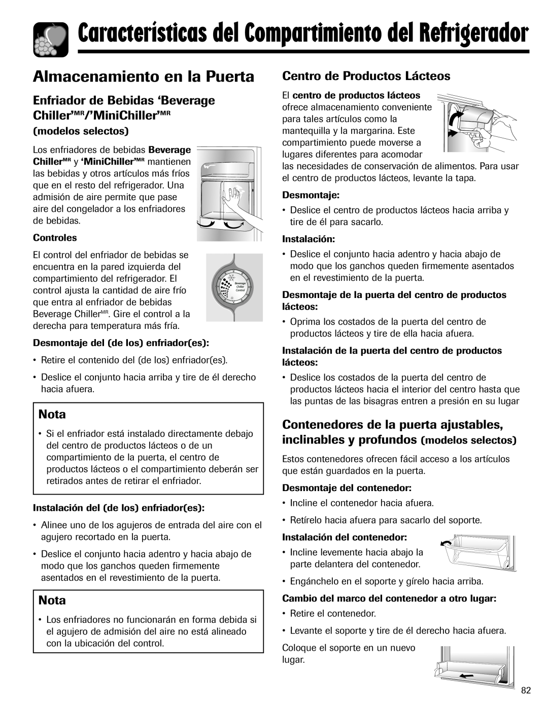 Amana ASD2624HEQ important safety instructions Almacenamiento en la Puerta, Centro de Productos Lácteos, Nota 