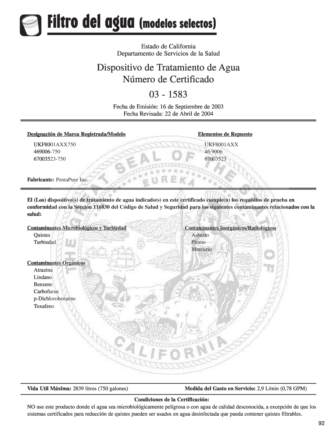 Amana ASD2624HEQ Dispositivo de Tratamiento de Agua, Número de Certificado 03, Estado de California 