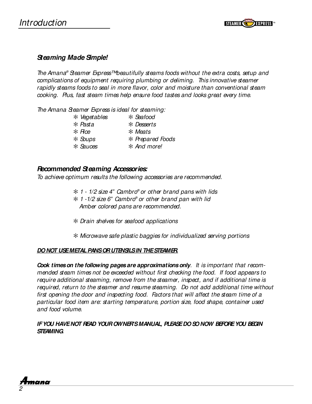 Amana ASE7000, ASE9000 manual Introduction, Steaming Made Simple 