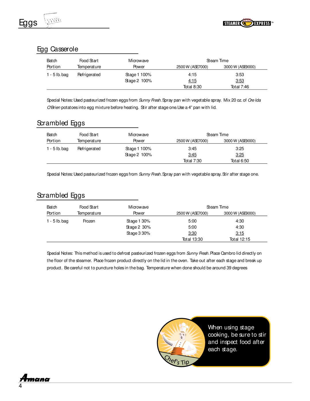 Amana ASE7000, ASE9000 manual Egg Casserole, Scrambled Eggs 
