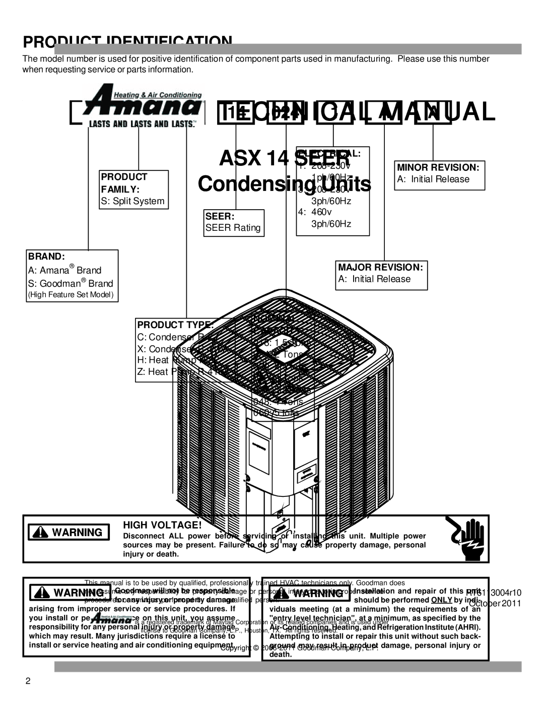 Amana ASX 14 SEER service manual Product Identification, Goodman will not be responsible, For any injury or property damage 