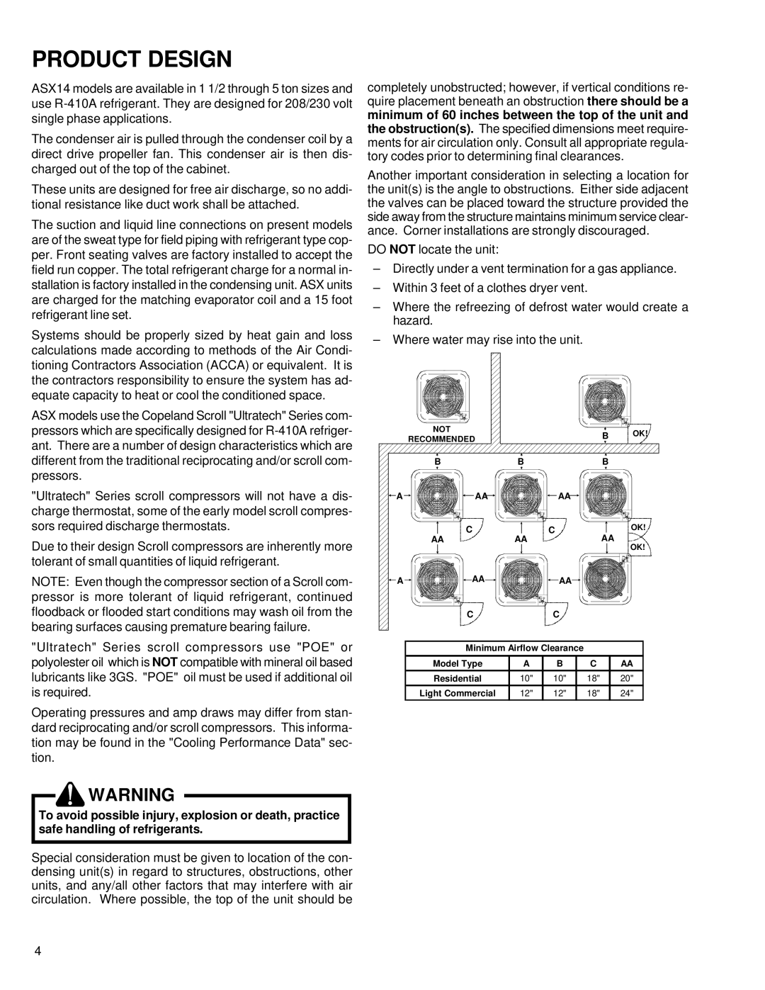 Amana ASX 14 SEER service manual Product Design, Minimum Airflow Clearance Model Type 