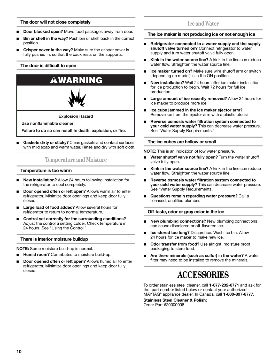 Amana ATB1932MRW installation instructions Accessories, Temperature and Moisture, Ice and Water 