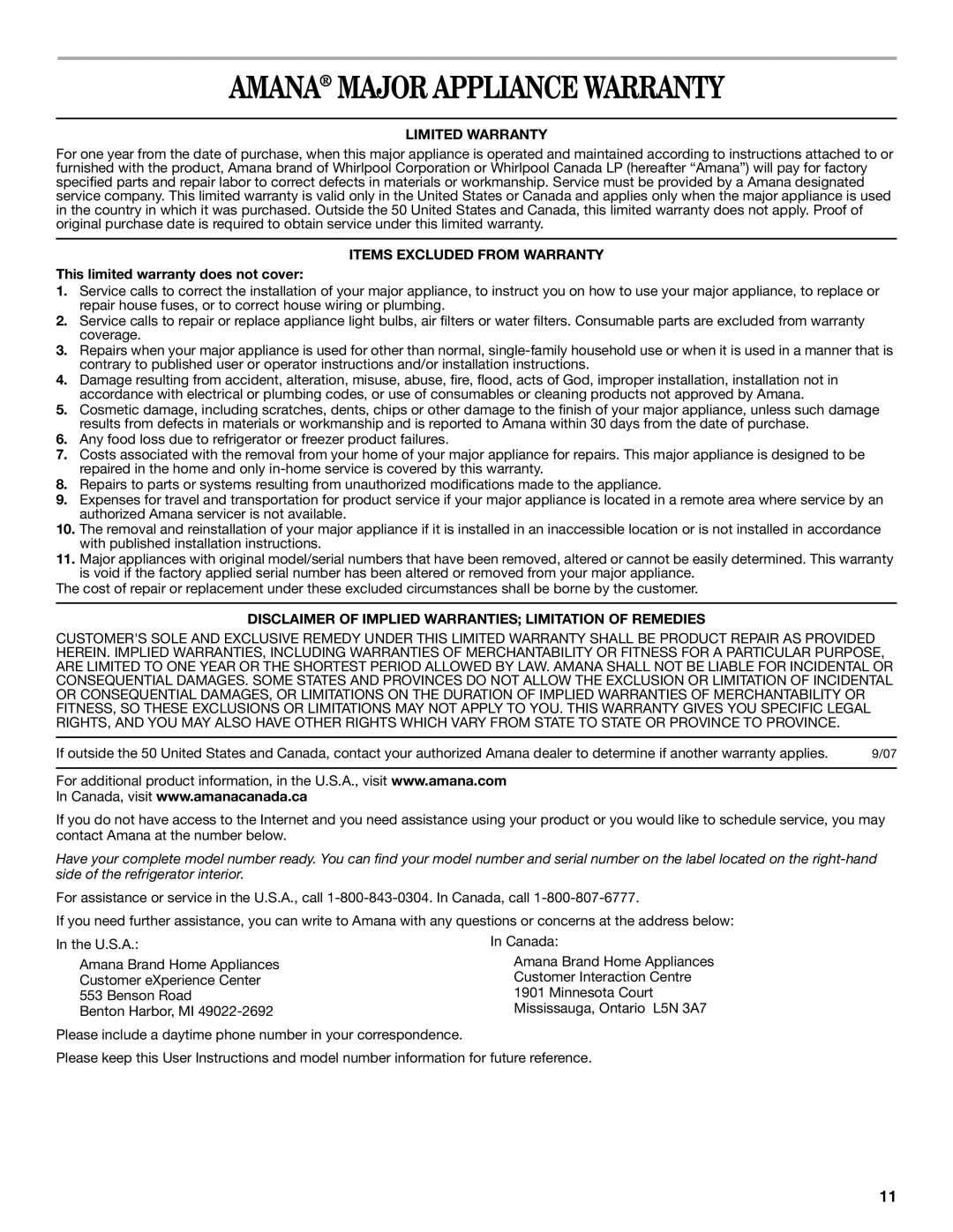 Amana ATB1932MRW installation instructions Amana Major Appliance Warranty, Limited Warranty, Items Excluded from Warranty 