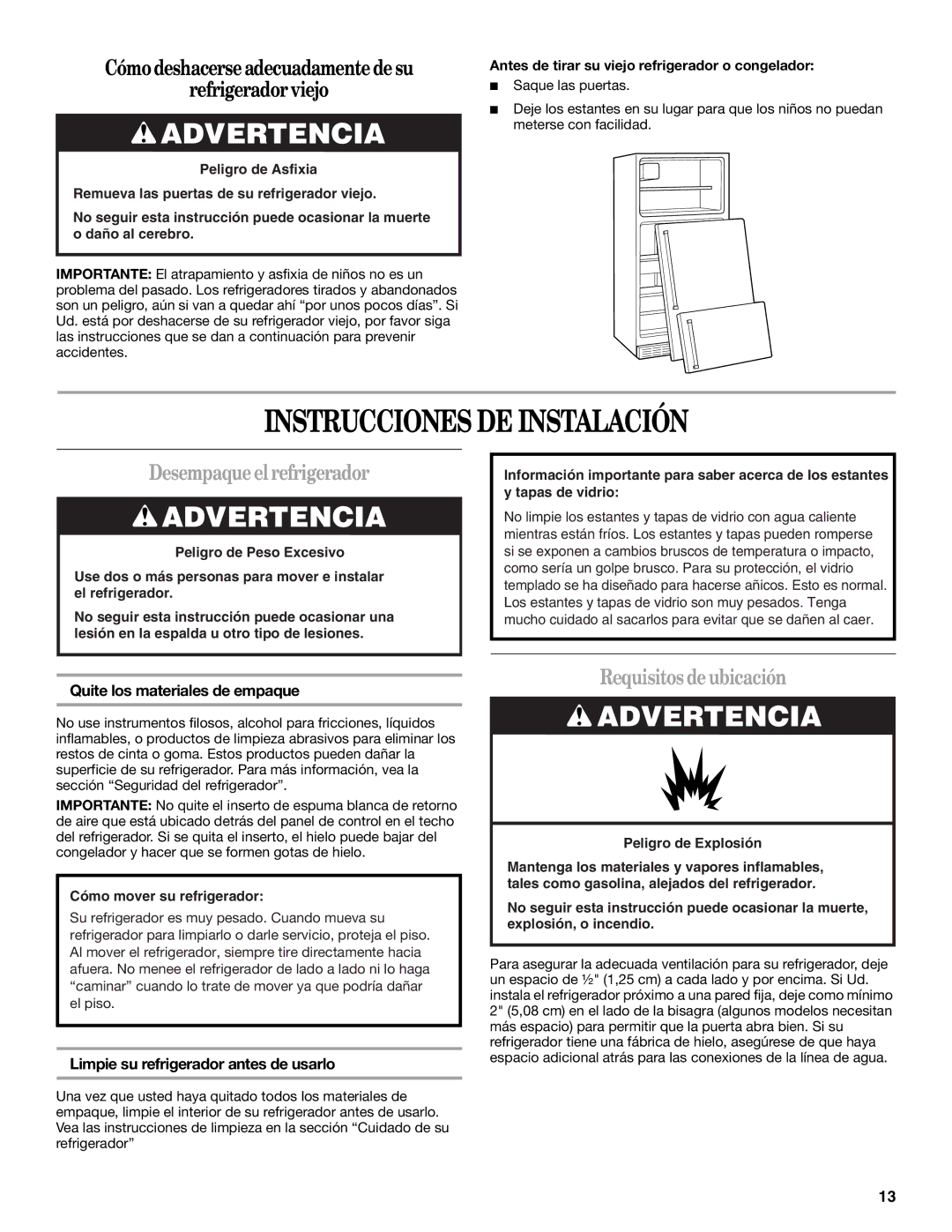 Amana ATB1932MRW Instrucciones DE Instalación, Desempaque el refrigerador, Requisitos de ubicación 