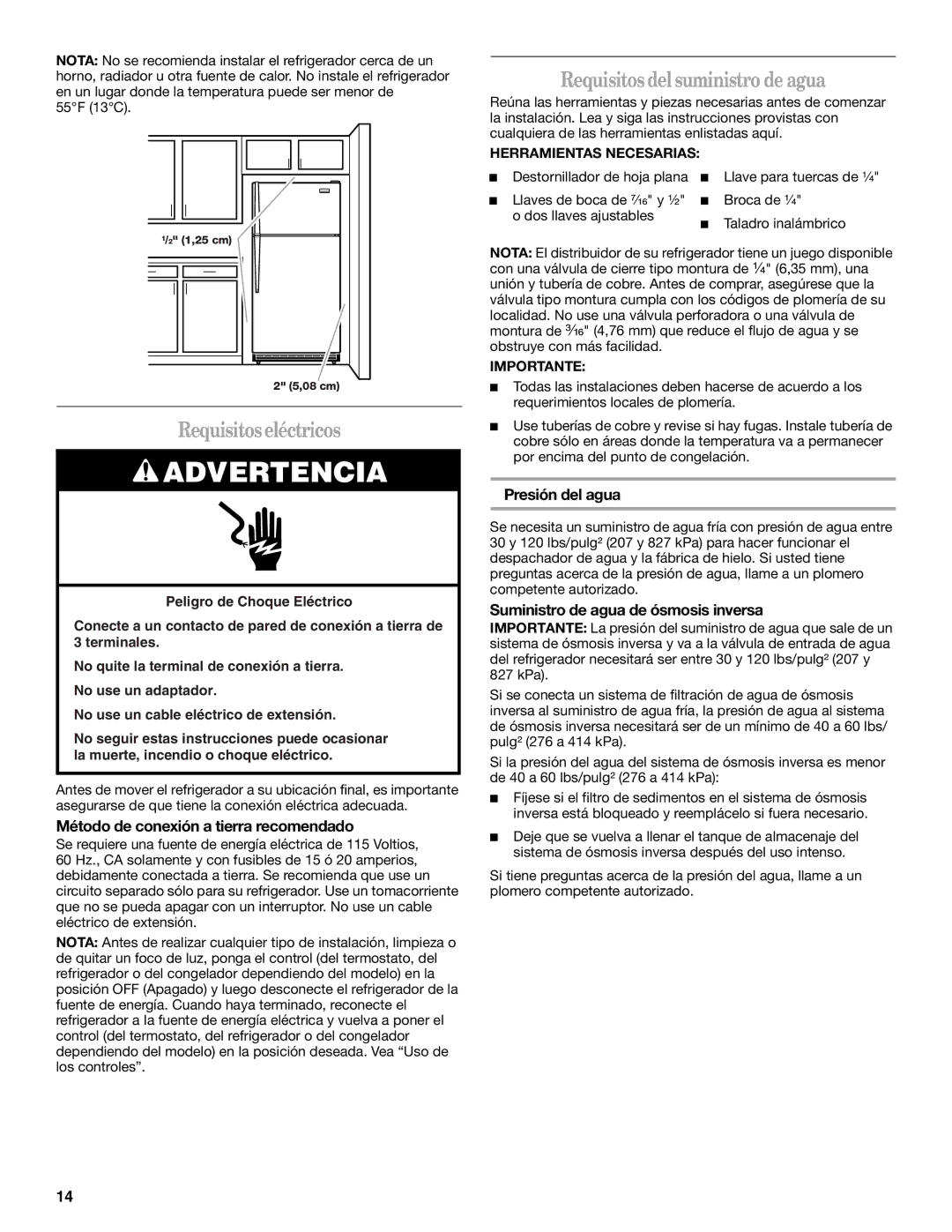 Amana ATB1932MRW Requisitos eléctricos, Requisitos del suministro de agua, Método de conexión a tierra recomendado 