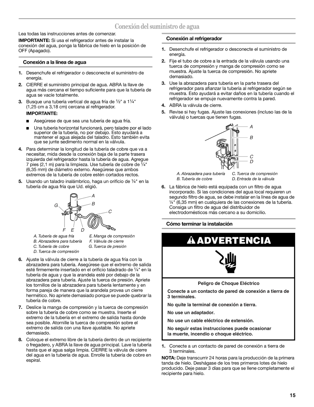 Amana ATB1932MRW Conexión del suministro de agua, Conexión a la línea de agua, Conexión al refrigerador 