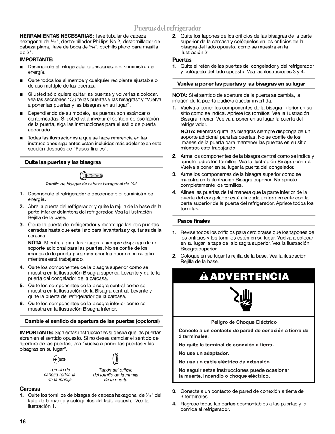 Amana ATB1932MRW installation instructions Puertas del refrigerador 