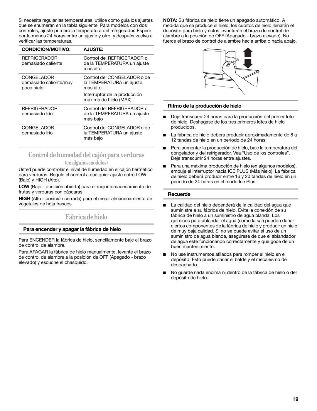 Amana ATB1932MRW Fábrica de hielo, Para encender y apagar la fábrica de hielo, Ritmo de la producción de hielo, Recuerde 