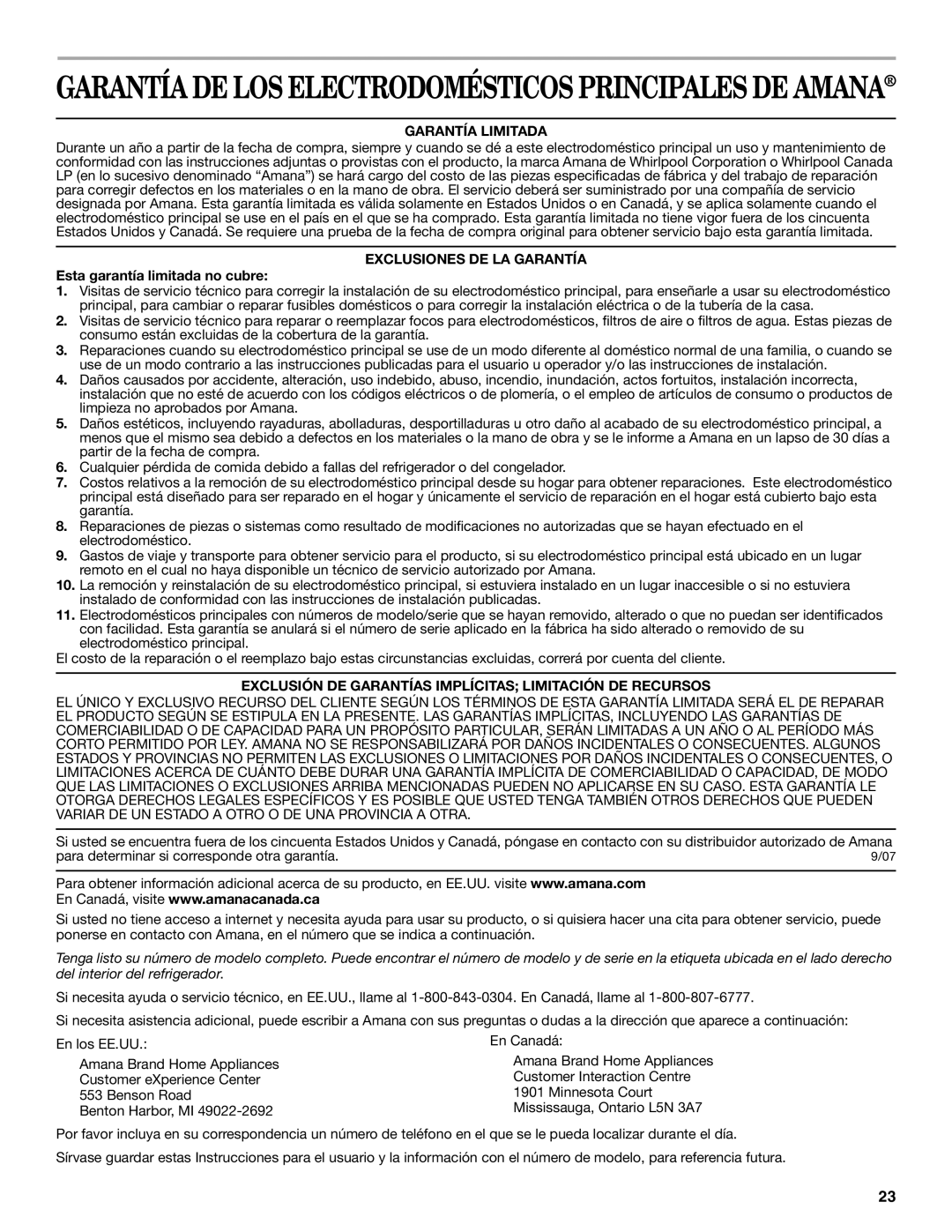 Amana ATB1932MRW installation instructions Garantía Limitada, Exclusiones DE LA Garantía, Esta garantía limitada no cubre 