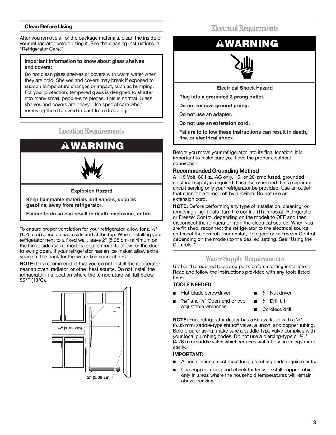 Amana ATB1932MRW LocationRequirements, Electrical Requirements, Water Supply Requirements, Clean Before Using 