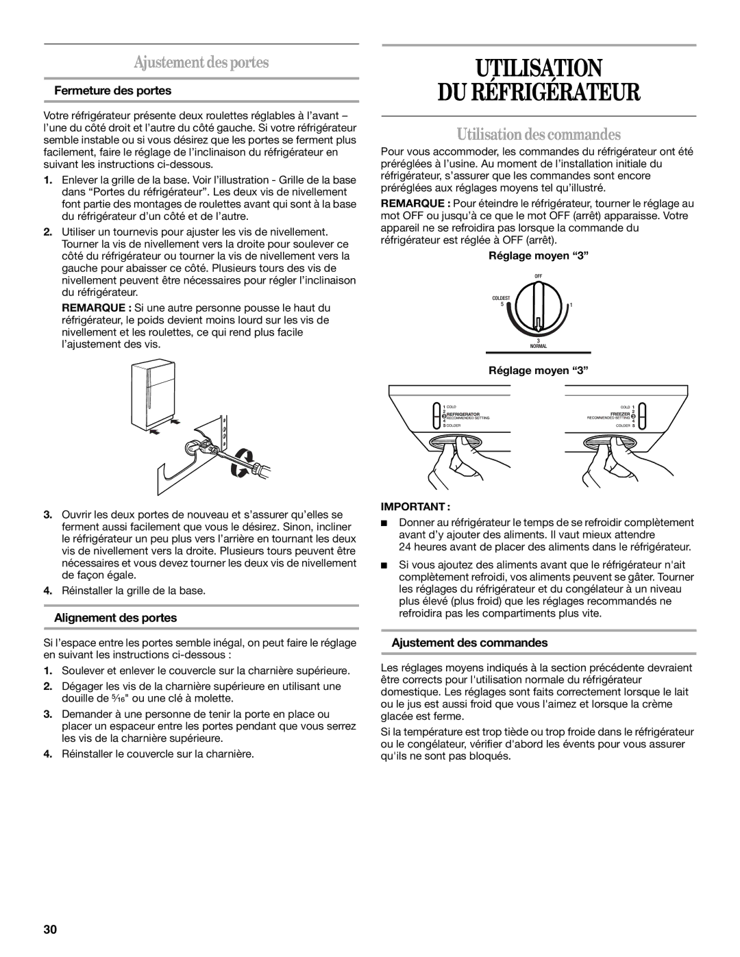 Amana ATB1932MRW installation instructions Utilisation DU Réfrigérateur, Ajustement desportes, Utilisation des commandes 