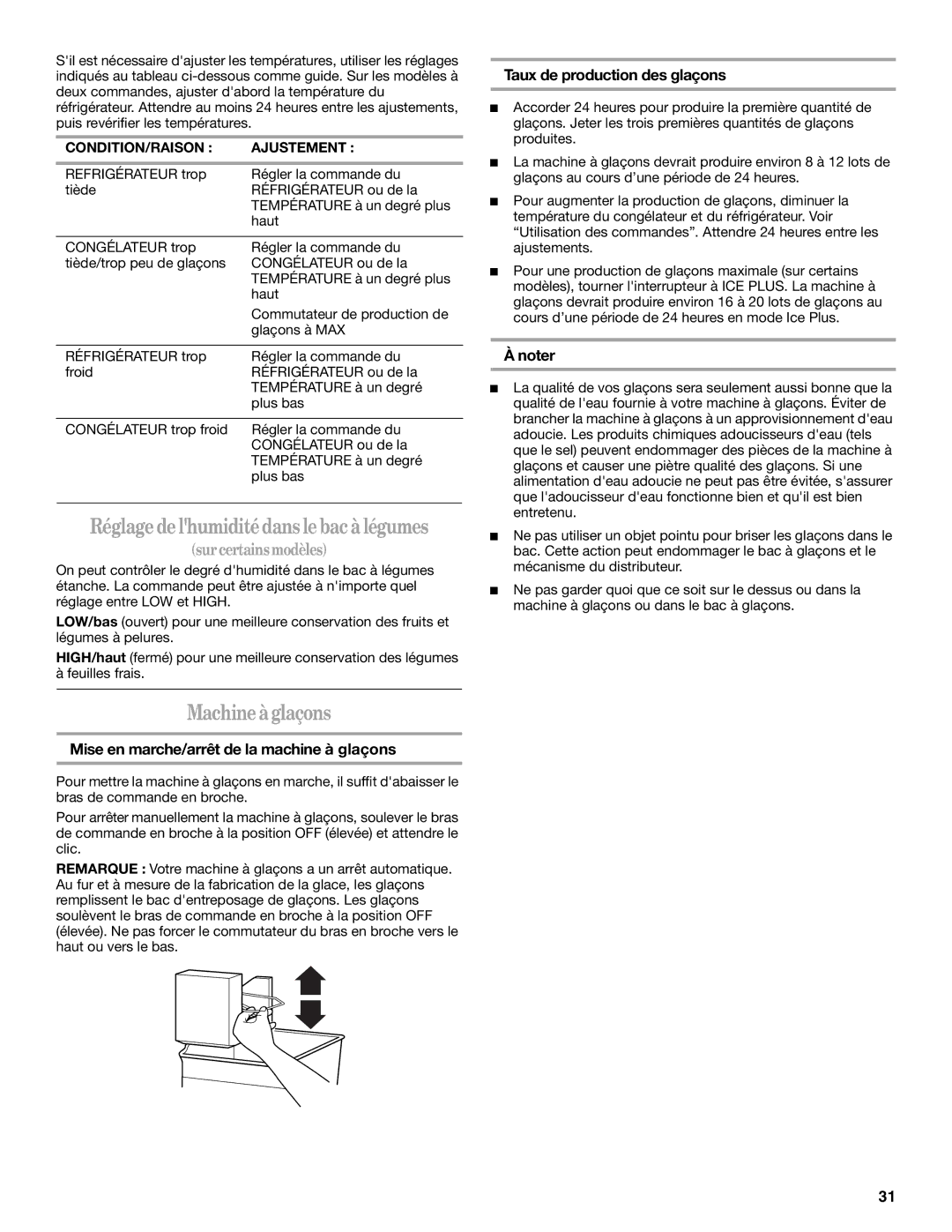 Amana ATB1932MRW Machine à glaçons, Mise en marche/arrêt de la machine à glaçons, Taux de production des glaçons 