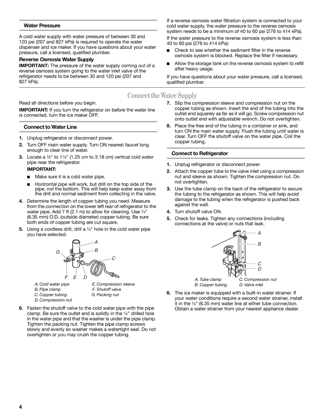 Amana ATB1932MRW Connect the Water Supply, Water Pressure, Reverse Osmosis Water Supply, Connect to Water Line 