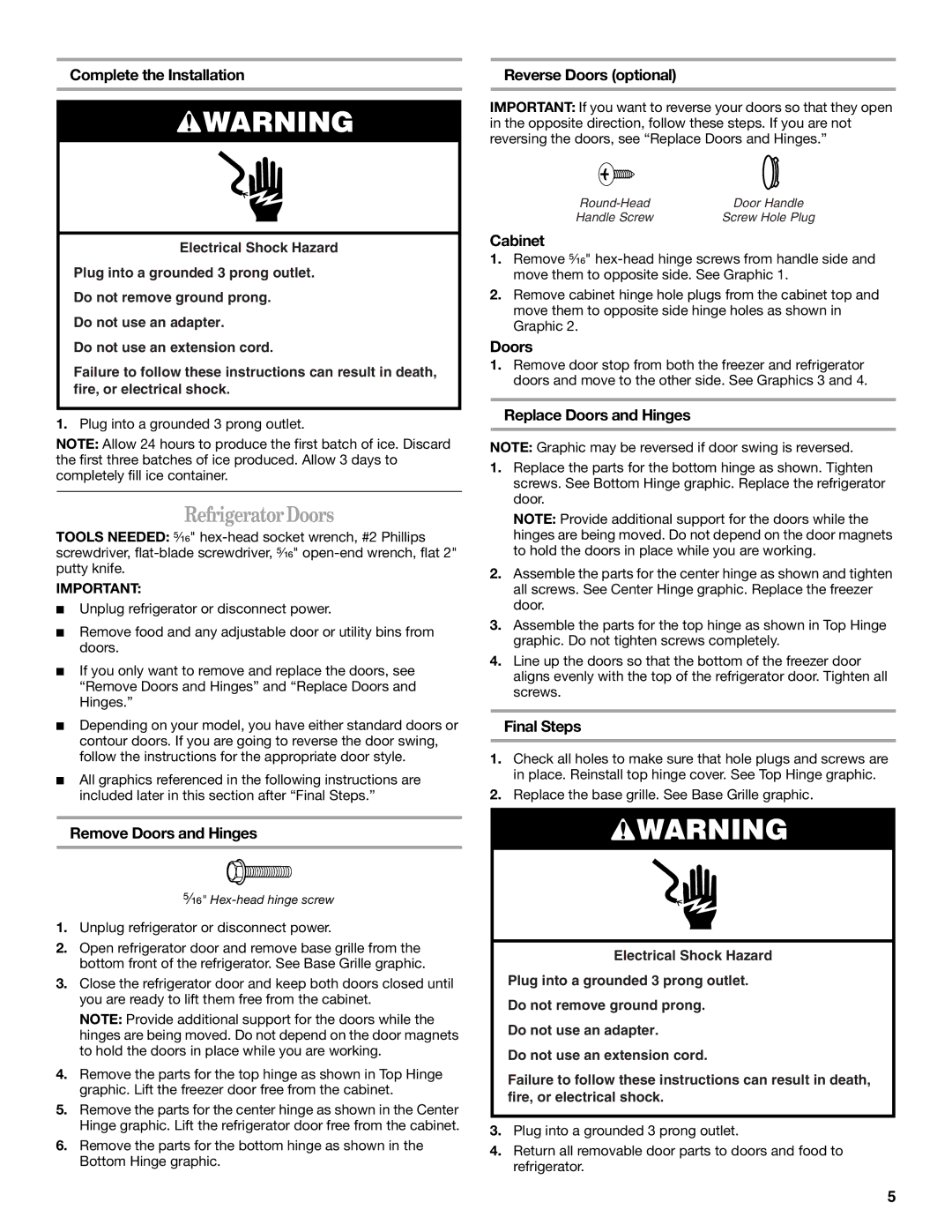 Amana ATB1932MRW installation instructions Refrigerator Doors 