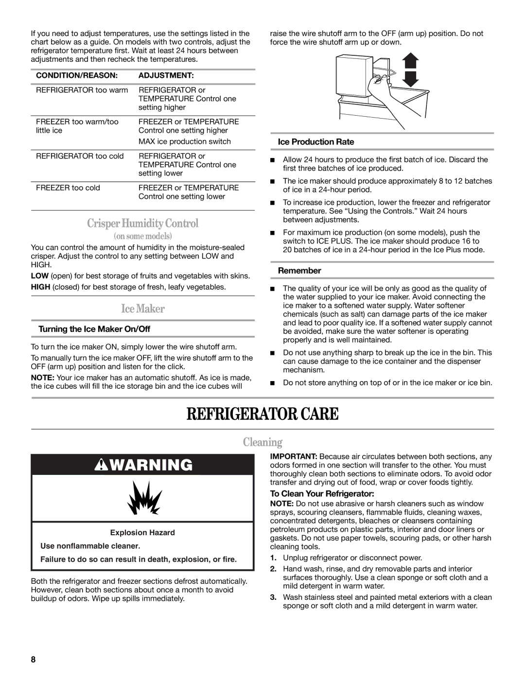 Amana ATB1932MRW installation instructions Refrigerator Care, Crisper Humidity Control, Ice Maker, Cleaning 