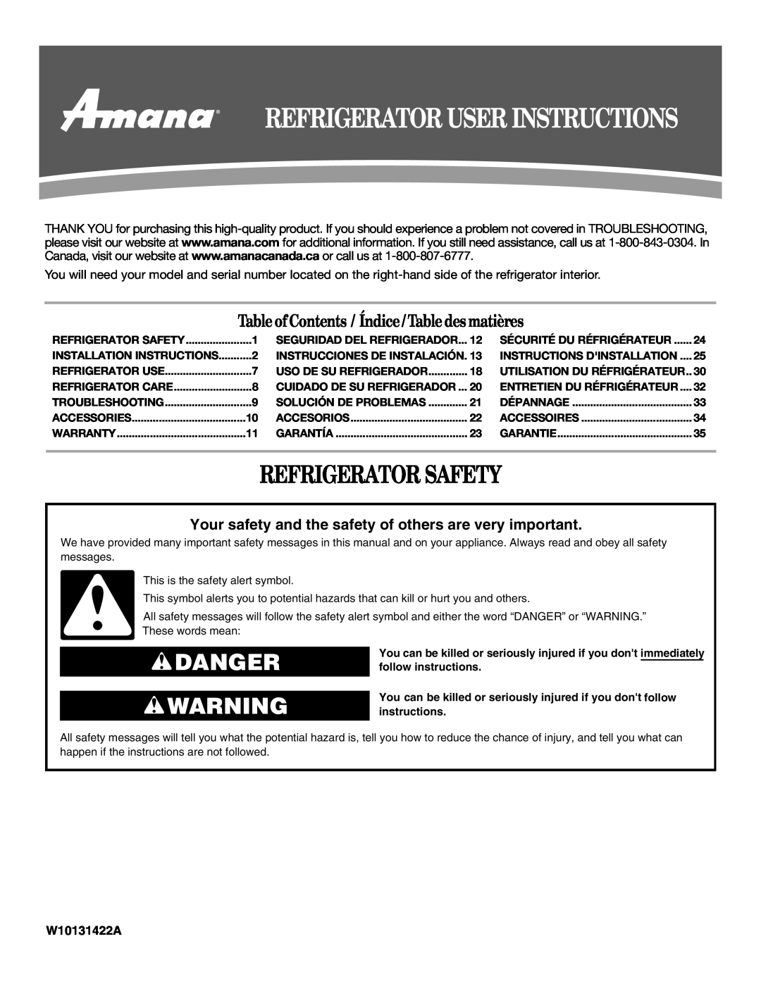 Amana ATB1932MRW installation instructions Refrigerator Safety, Danger, Table ofContents / Índice / Table des matières 