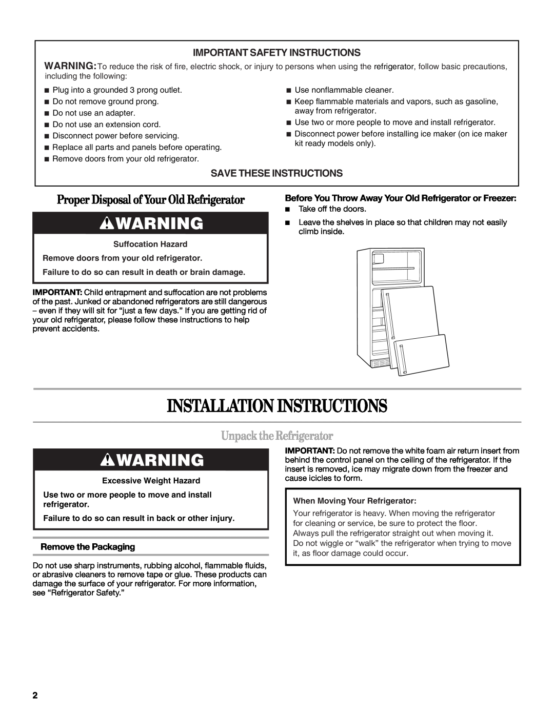 Amana ATB1932MRW Installation Instructions, Unpack the Refrigerator, Important Safety Instructions, Remove the Packaging 