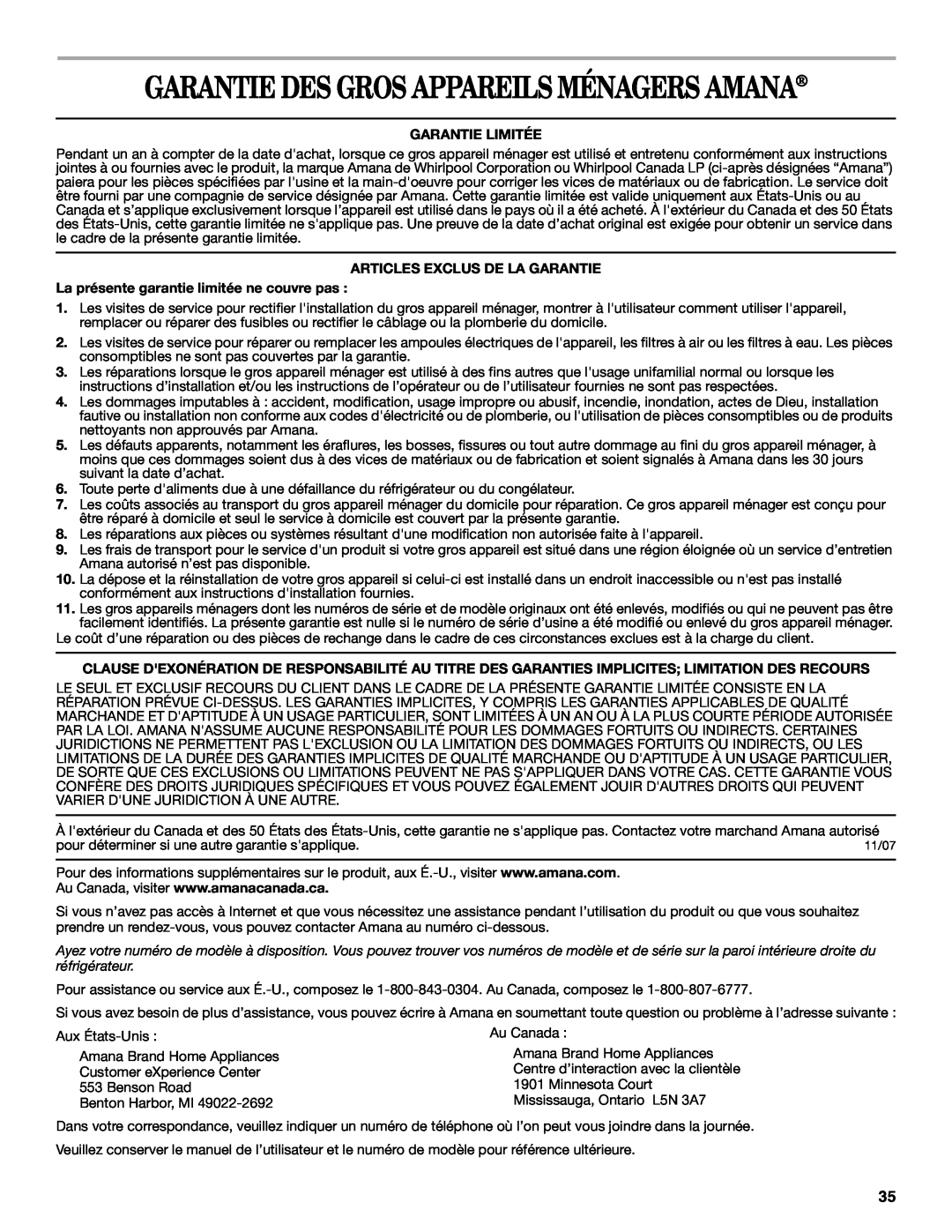 Amana ATB1932MRW Garantie Des Gros Appareils Ménagers Amana, Garantie Limitée, Articles Exclus De La Garantie 